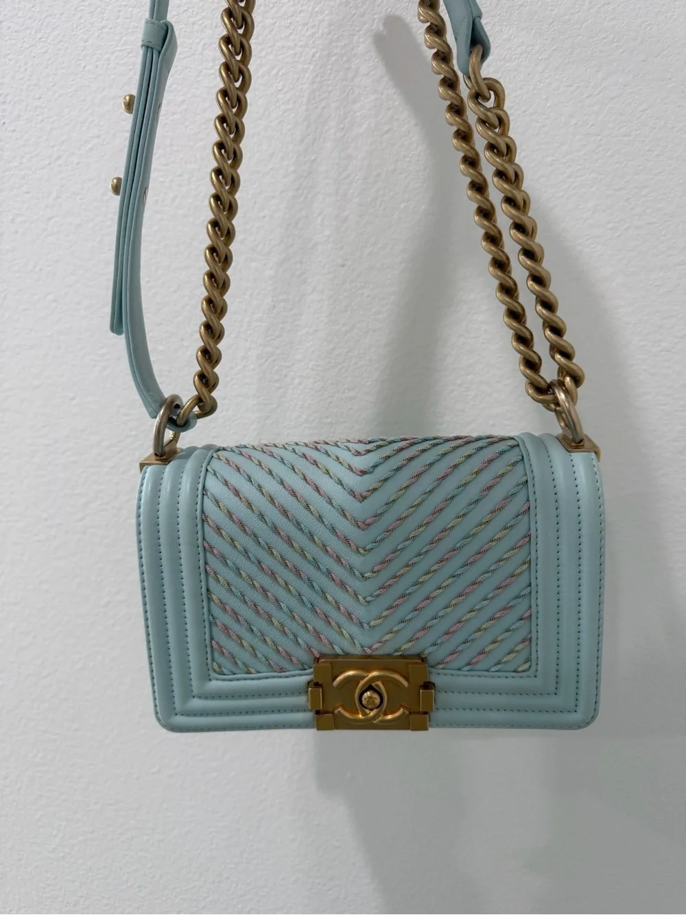 CHANEL Light Blue Chevron Quilted Boy Flap Shoulder Bag with Gold Hardware